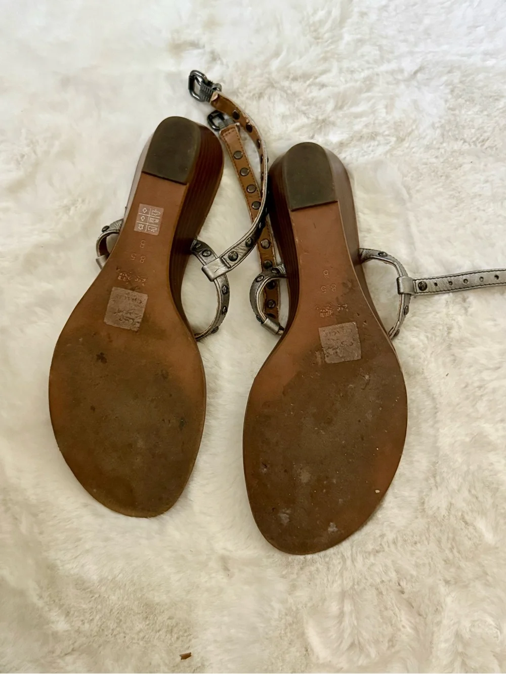 Coach Metallic Silver Studded T-Strap Sandals